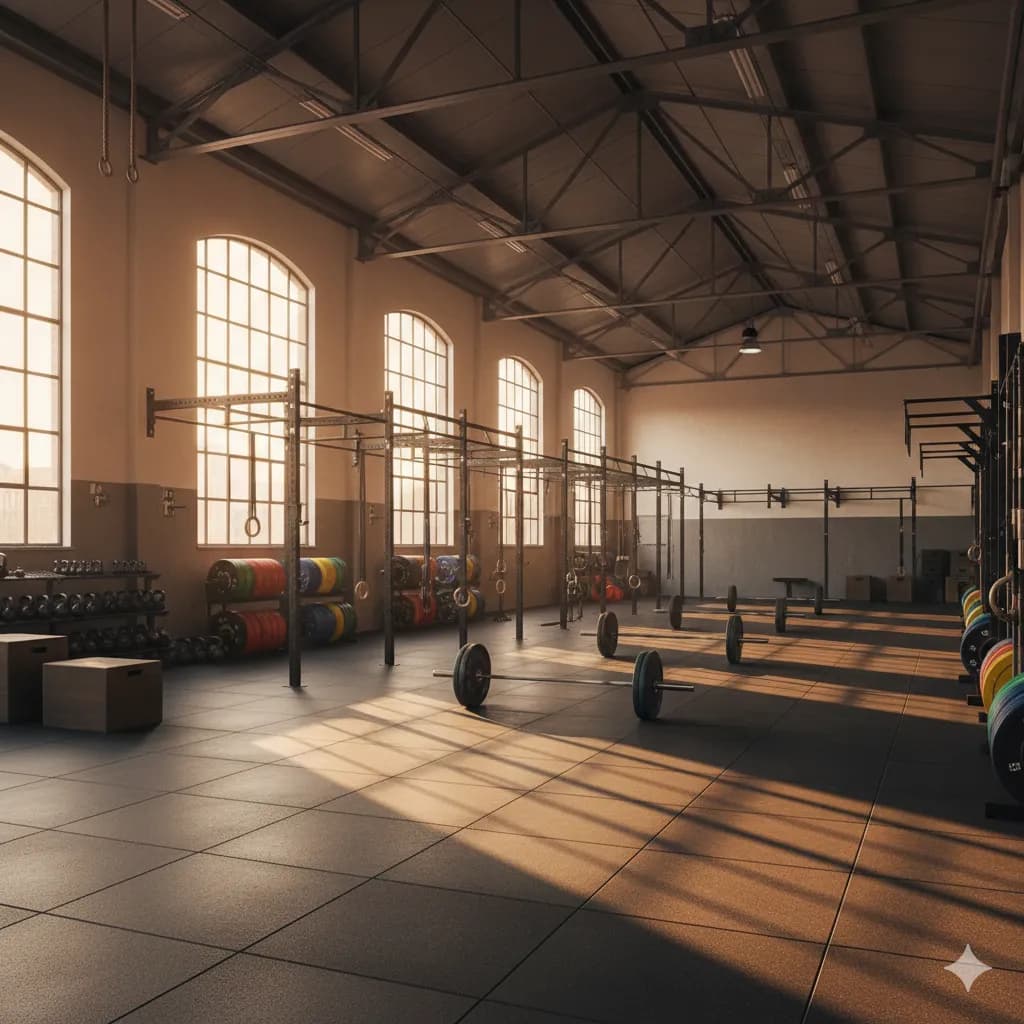 Interior do box LINE UP — equipamento CrossFit e área de treino